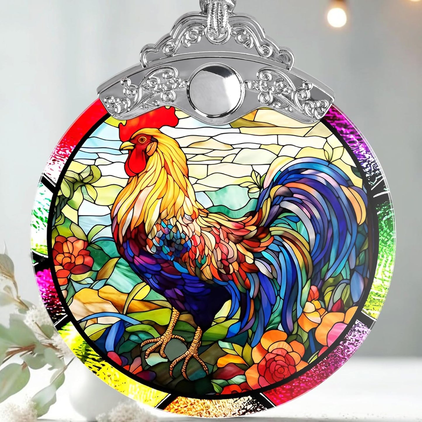 Glass Chicken Christmas Ornament, Semi Transparent Stained Glass Ornament, Colorful Festive Decor for Holidays and Gifts