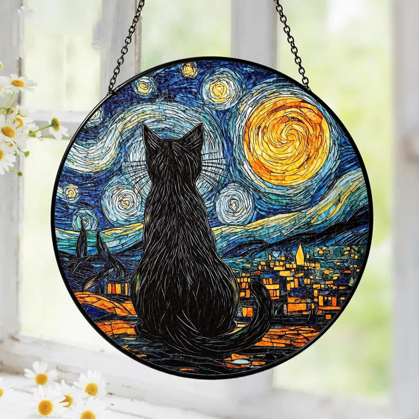 Starry Night Black Cat Stained Glass Suncatcher Window Hanging Decor for Garden, Cat Suncatcher Window Panel Gifts for Cats Lovers, Memorial Gifts for Pet Loss Sympathy Gift for Outdoor Decorations