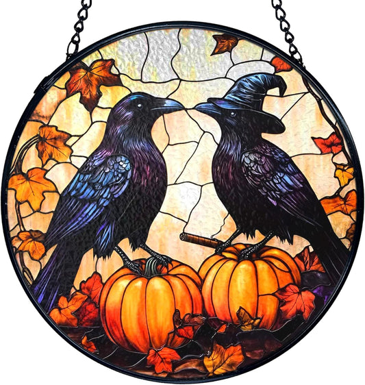 TNUW Halloween Fall Black Raven Stained Glass Window Hanging, Gothic Witchy Crow Pumpkin Sun