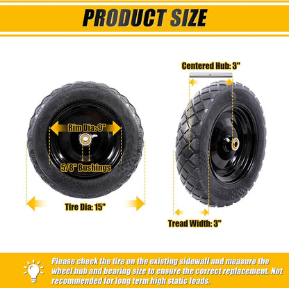 MZREXN 4.80/4.00-8" Flat Free Tire and Wheel, 15" Solid Wheelbarrow Tires, 3.00-4.00/4.80-8" with 5/8" & 3/4" Bearings, 3" Centered Hub for Hand Truck Garden Trailers Utility Cart Yard Wagon, Black