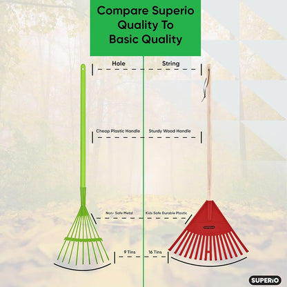 Kids Rake with Hardwood Handle, Durable Plastic Head to Sweep Leaves in Lawn and Tidying Up The Garden, 34" (Red), 6 Pack