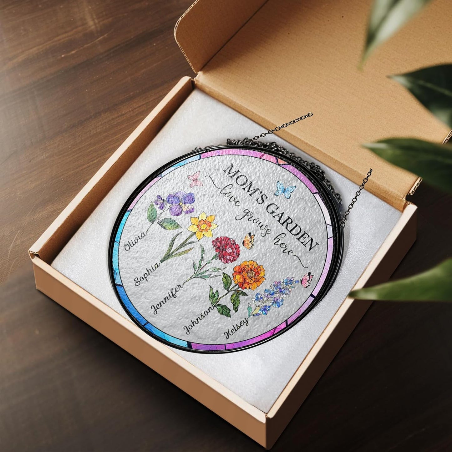NAZENTI Personalized Grandmas Garden Stained Glass Suncatcher with Birth Month Flowers, Custom Mom's Garden Window Hanging Ornament, Mothers Day Grandma Mom Gifts, Gifts for Nana Mimi