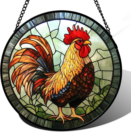 Stained Glass Window Hanging - Rooster Suncatcher for Doors Garden Patio Retro PColored Chicken Sun