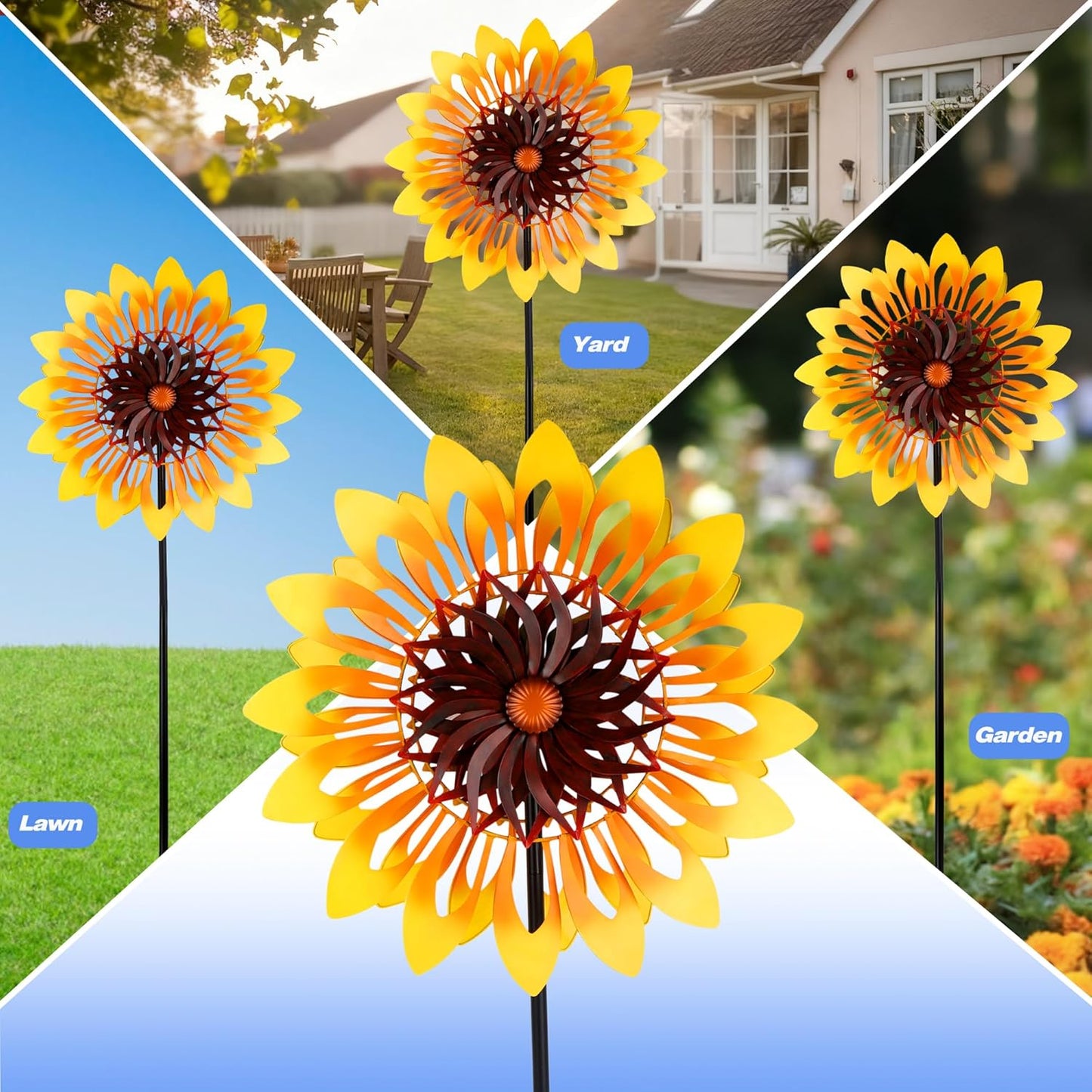 Sunflower Wind Spinners, 360 Degrees Swivel Metal Wind Sculptures, 76" Large Garden Pinwheels for Yard Lawn Patio Decor
