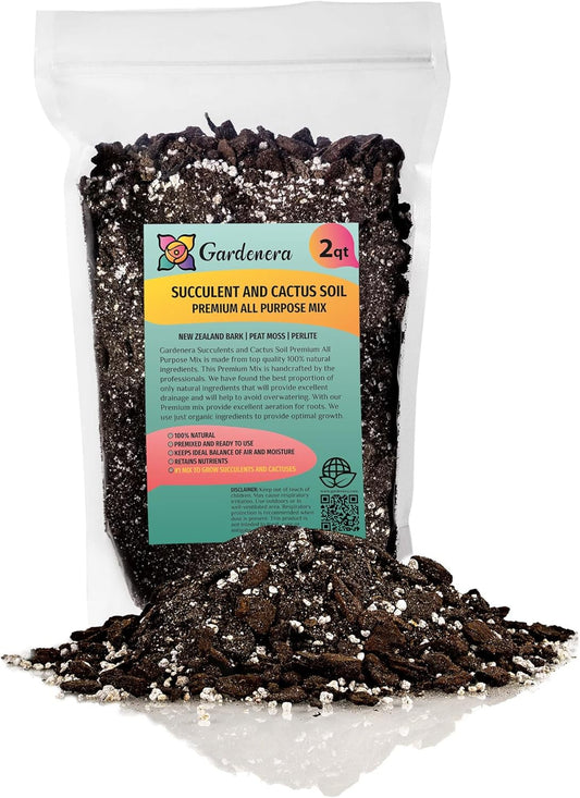 Gardenera Professional Succulent Soil Premium All Purpose Blend | Pre-Mixed Ready to Use for Cactus and Succulents | Sphagnum Peat Moss, Perlite, New Zealand Pine Bark - Made in USA - 2 Quart