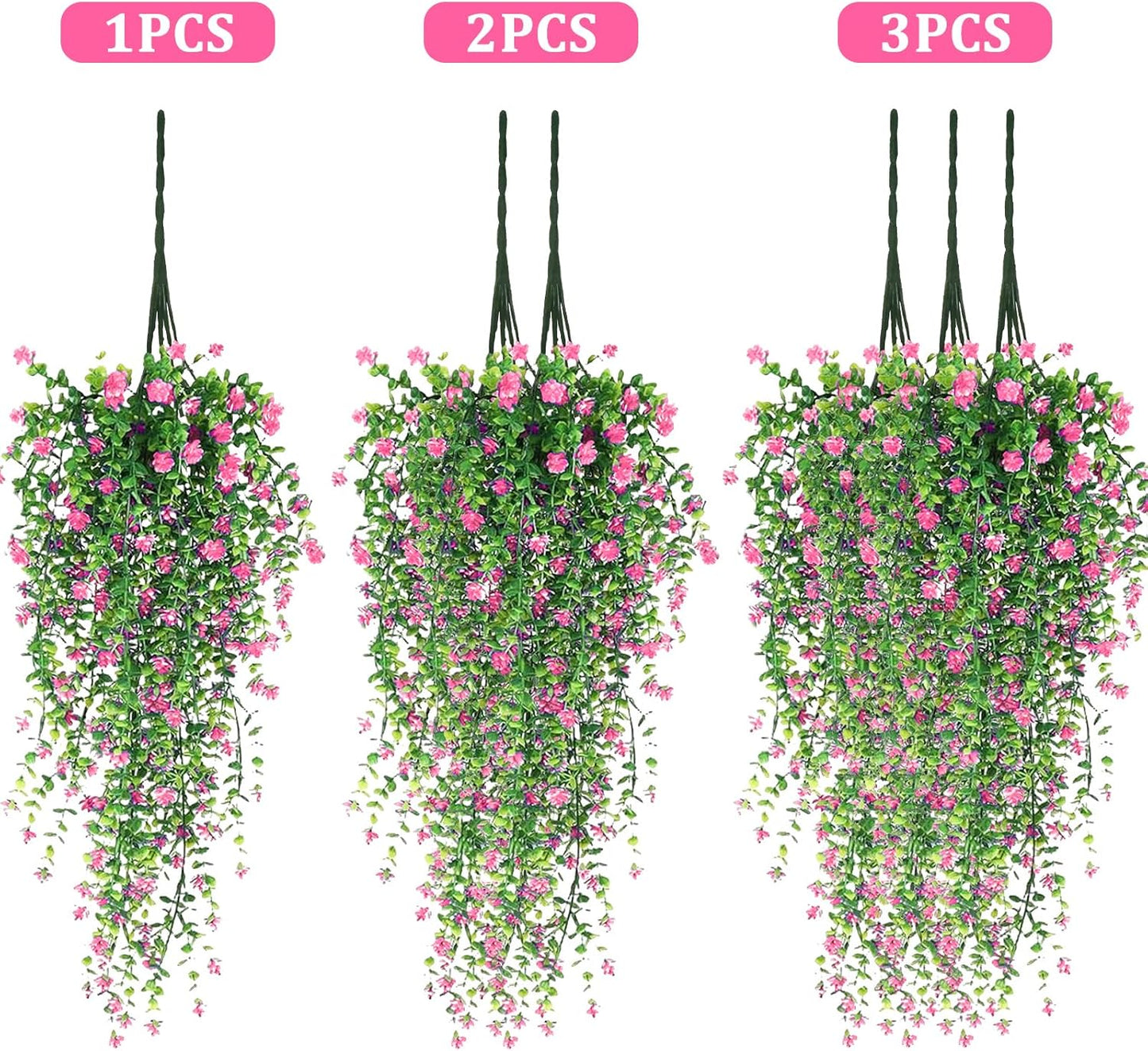 Artificial Hanging Flowers, 3 Pcs Fake Hanging Plants Artificial Vines for Outdoors, Fake Ivy Vine UV Resistant No Fade Faux Plants for Indoor Outside Garden Patio Yard Greenery Decoration (Pink)