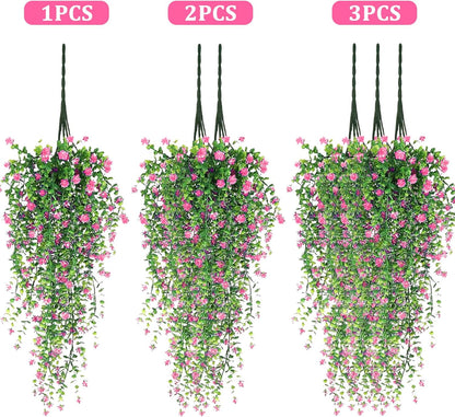 Artificial Hanging Flowers, 3 Pcs Fake Hanging Plants Artificial Vines for Outdoors, Fake Ivy Vine UV Resistant No Fade Faux Plants for Indoor Outside Garden Patio Yard Greenery Decoration (Pink)