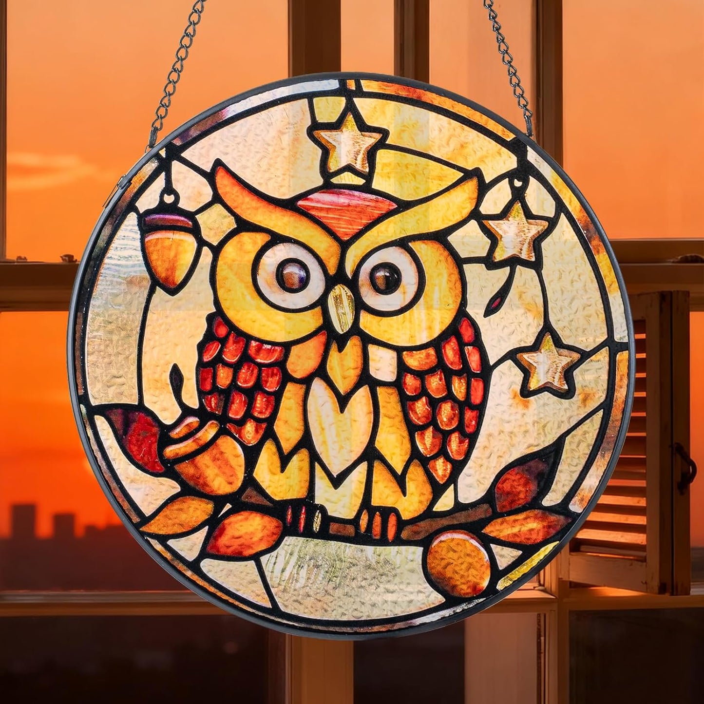 Elfpark Window Hanging Sun Catcher Stained Glass,Christmas Home Decor Suncatchers Indoor & Outdoor Window or Wall Hanging – 7.87″ Stained Glass Owl Suncatcher