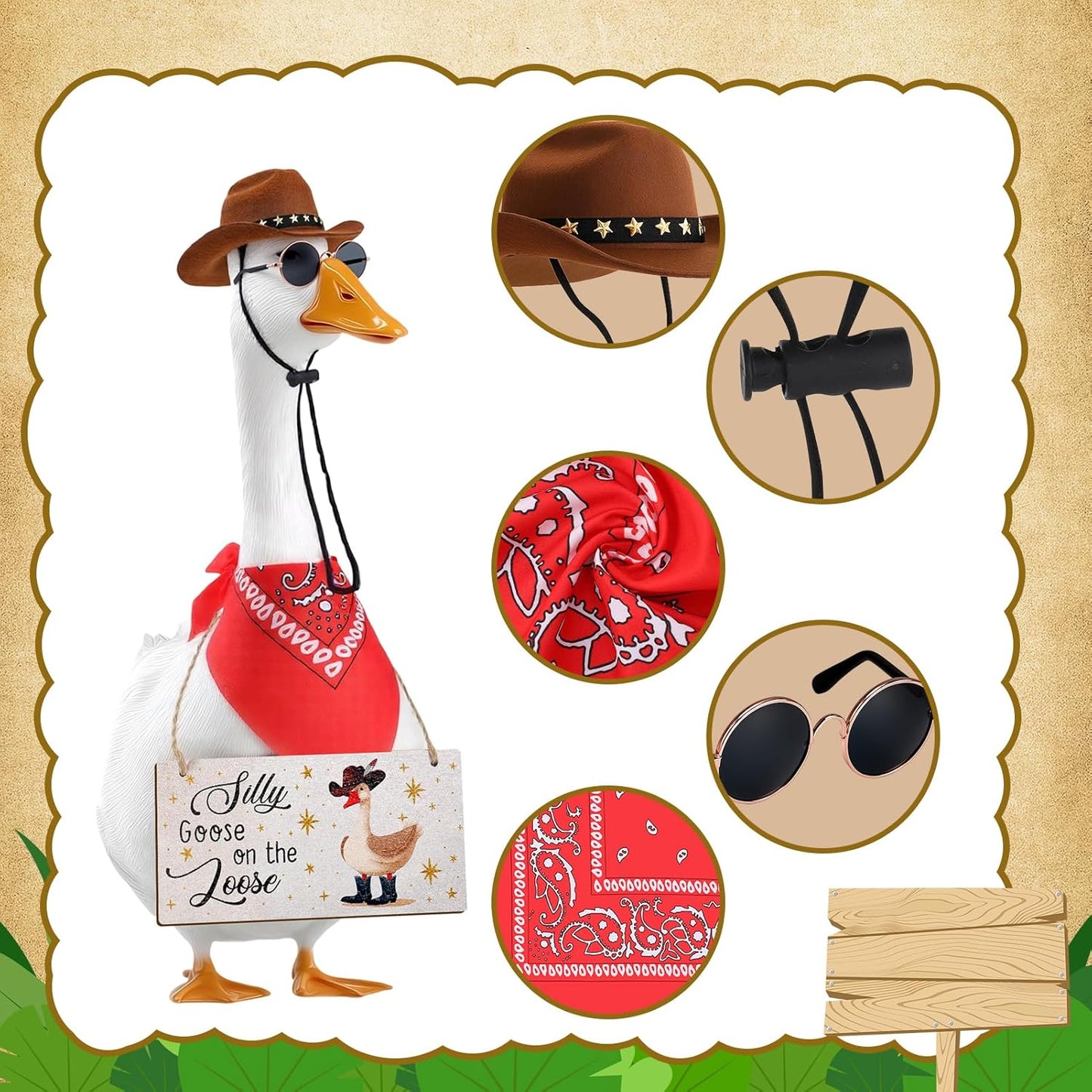 4pcs Western Cowboy Porch Goose Outfits, Silly Goose on The Loose Hangings Sign Cowboy Hat Bandana Glasses for 17 or 23 inches Statue Outdoor Patio Yard Lawn Art (Brown, Red)