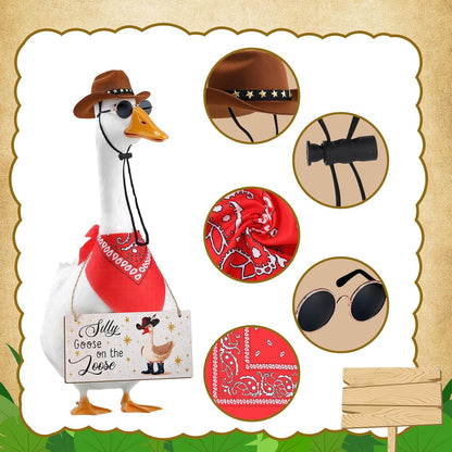 4pcs Western Cowboy Porch Goose Outfits, Silly Goose on The Loose Hangings Sign Cowboy Hat Bandana Glasses for 17 or 23 inches Statue Outdoor Patio Yard Lawn Art (Brown, Red)