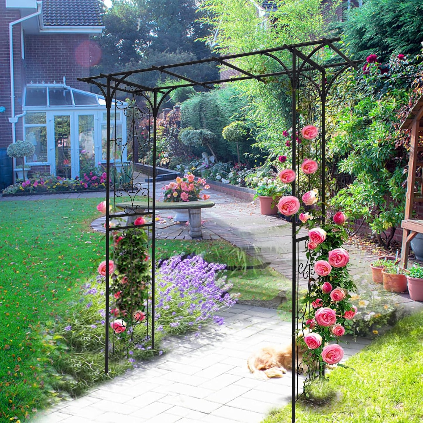 Metal Garden Arch, Garden Arch Trellis for Climbing Plants Outdoor, Garden Arbor for Weddings Party Events Decoration, 80" L X 20.5" W X 81" H, Black
