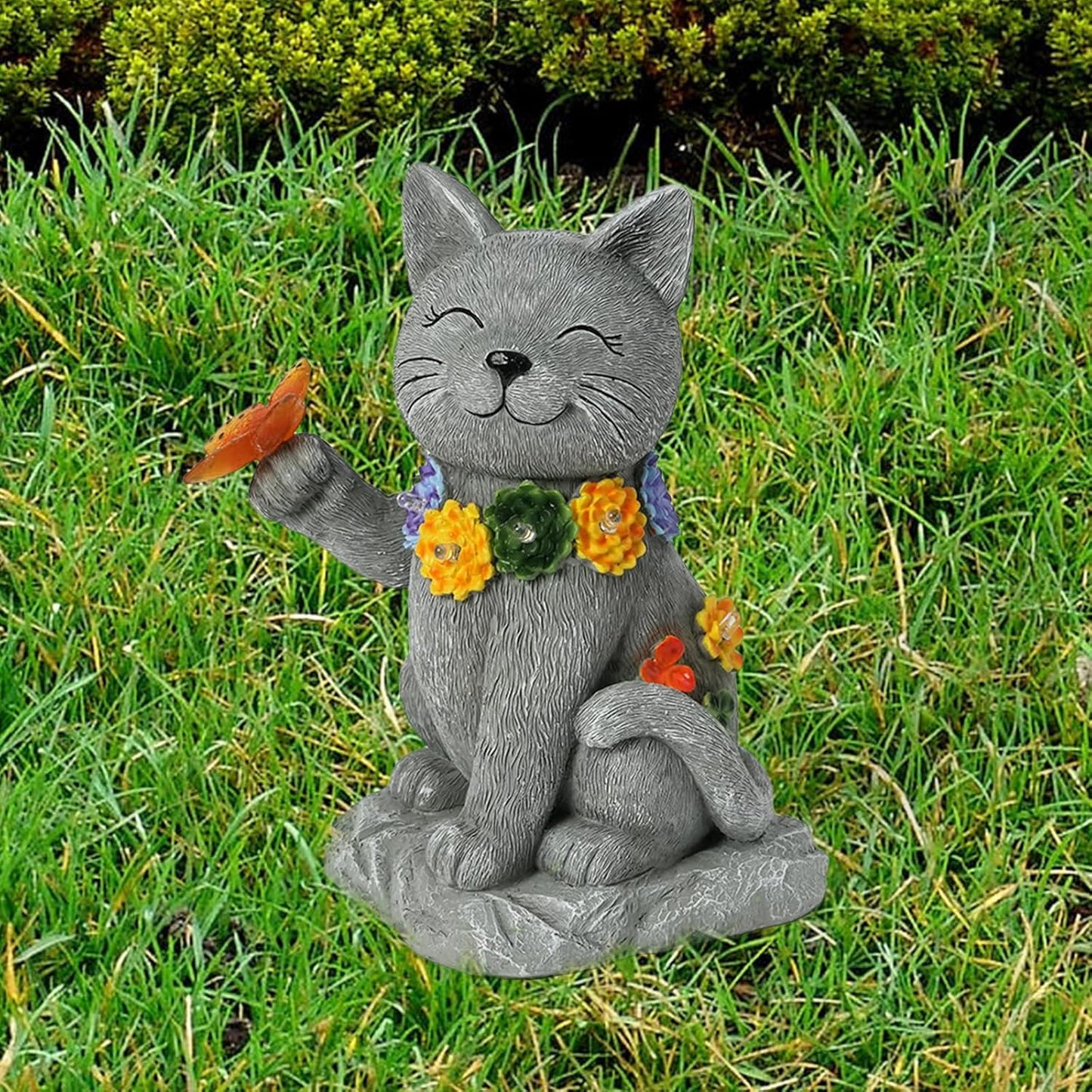 Outdoor Solar Cat Garden Statue - with LED Flowers and Butterfly Yard Art, Suitable for Lawn Decoration, Porch,Yard Decorations Outdoor, Birthday Gift for Mother, Grandmother, or Women
