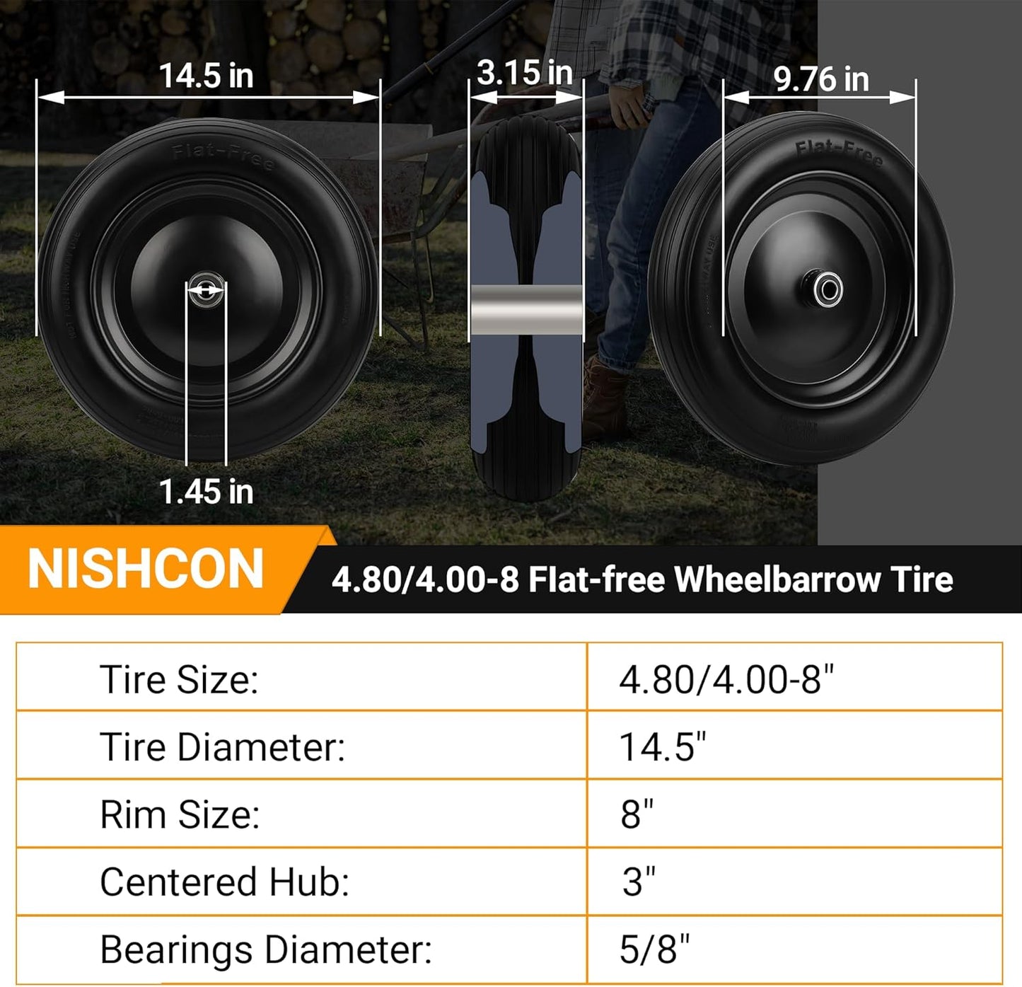 4.80/4.00-8 Flat Free Wheelbarrow Tire with 5/8 & 3/4 Bearing 3" -7" Centered Hub for Garden Cart Ribbed Tread Foamed Polyurethane Tire by NISHCON - 2 Pack