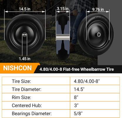 4.80/4.00-8 Flat Free Wheelbarrow Tire with 5/8 & 3/4 Bearing 3" -7" Centered Hub for Garden Cart Ribbed Tread Foamed Polyurethane Tire by NISHCON - 2 Pack