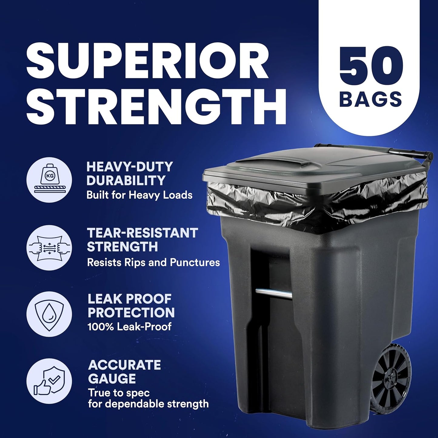Plasticplace - W65LDBTL2RL 64-65 Gallon Trash Can Liners for Toter │ 2.0 Mil │ Black Heavy Duty Garbage Bags │ Rolls │ 49” x 59” (50 Count)