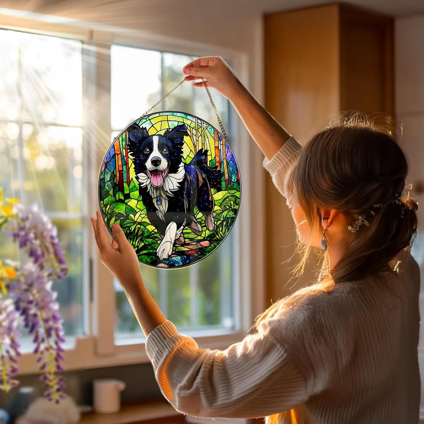 8″ Stained Glass Window Hanging Ornament, Border Collie Stained Glass Suncatcher Ornament, Sun-Catcher Window Decor | Gifts for Dog Lovers, Dog Lover Gift, Pet Lover Gift