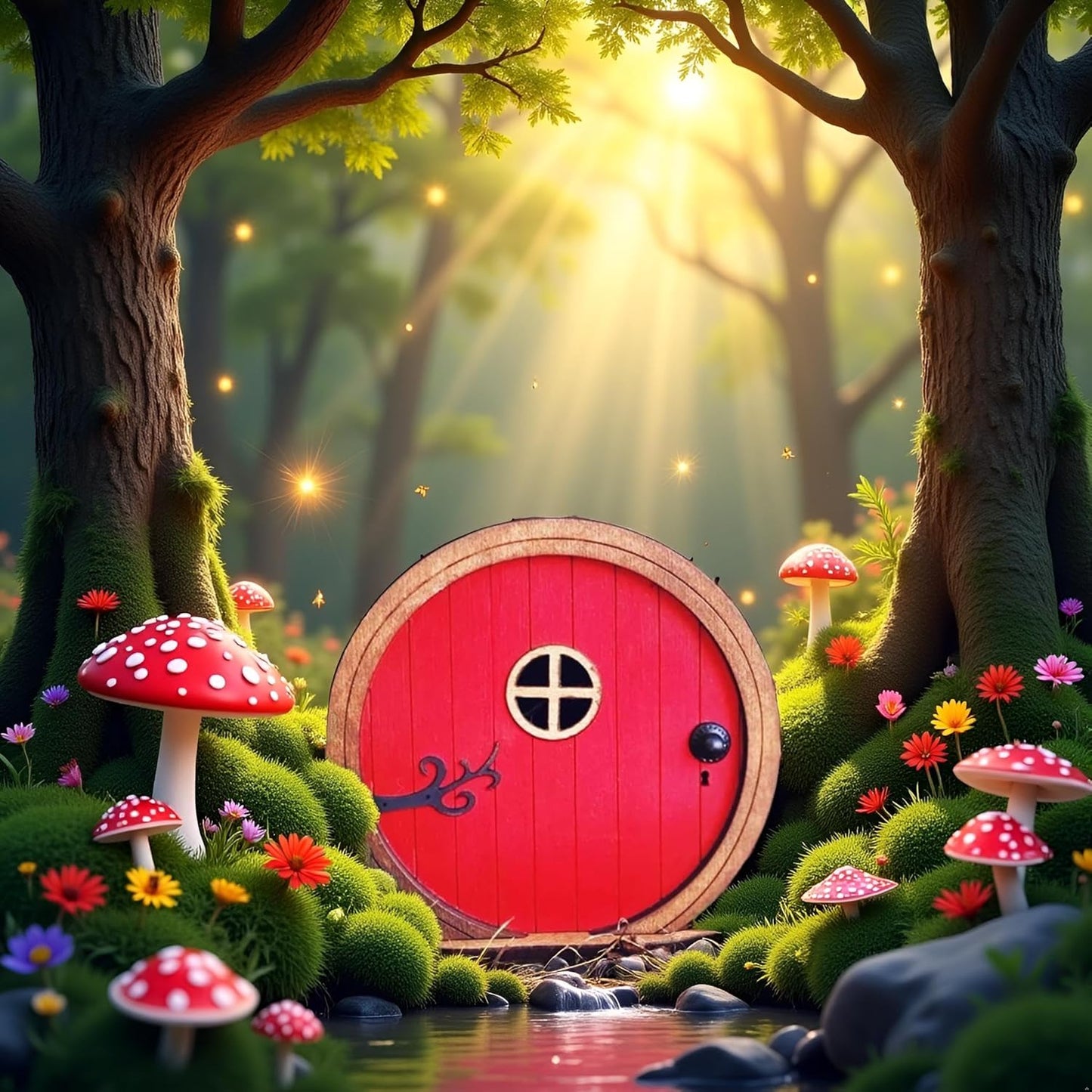 1Pc Red Fairy Garden Door for Tree, Fairy Doors for Trees Outdoor and Tree Trunk, Mini Fairys Gardens Sculpture Lawn Ornament Decor, Fairytales Door Decoration，Garden Miniatures