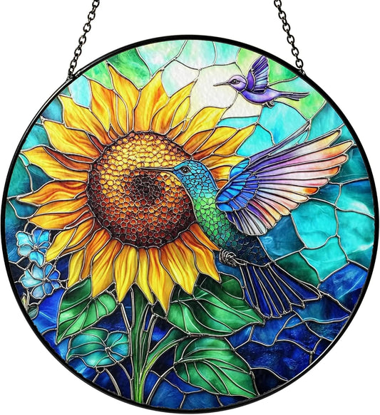 Hummingbird Stained Glass Suncatcher – Sunflower Window Decor, Memorial Hanging Ornament, Bird