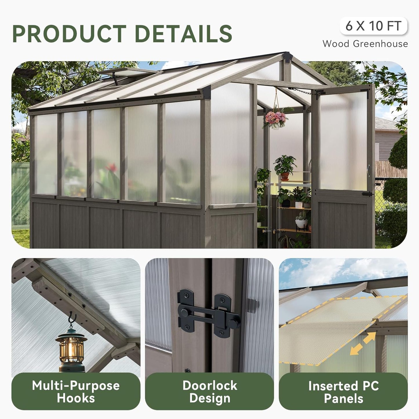 Aoxun 6x10 FT Wood Green House for Outdoors, Polycarbonate Panel Wooden Walk-in Greenhouse Kit with Automatic Temperature Control Roof Vent and Lockable Door, for Outside Backyard Garden, Gray