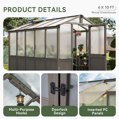 Aoxun 6x10 FT Wood Green House for Outdoors, Polycarbonate Panel Wooden Walk-in Greenhouse Kit with Automatic Temperature Control Roof Vent and Lockable Door, for Outside Backyard Garden, Gray