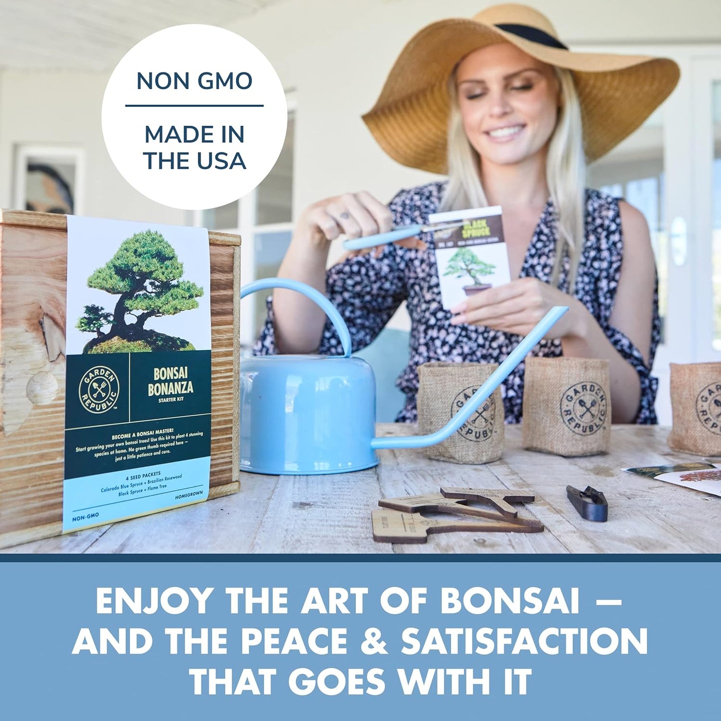 Garden Republic Bonsai Tree Kit - Mini Bonsai Seeds, 4 Types - Seed Starter Plant Growing Kit - Potting Soil Jute Bags Pruning Shears Scissor Tool Plant Markers - Gardening Gifts