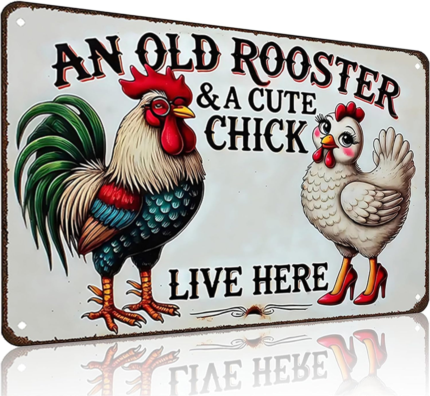 Funny Gifts for Women Chicken Lovers Farm Enthusiasts An Old Rooster And A Cute Chick Live Here Chicken Tin Sign for Chicken Coop Farm Kitchen Garden Yard Decor 8 X 12 Inch (3821)