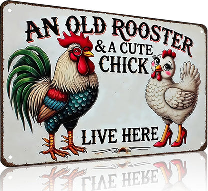 Funny Gifts for Women Chicken Lovers Farm Enthusiasts An Old Rooster And A Cute Chick Live Here Chicken Tin Sign for Chicken Coop Farm Kitchen Garden Yard Decor 8 X 12 Inch (3821)