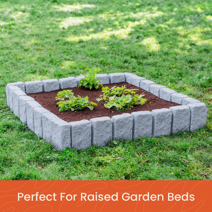 Beuta Landscape Edging | Garden Edging Border | Faux Stone Block XL for Lawn Edging, Flower Beds & Yard Edging – 4 Pack | Each Section Has 6 Blocks 48" L x 4" W x 9.5" H | 12 Spikes | Greystone