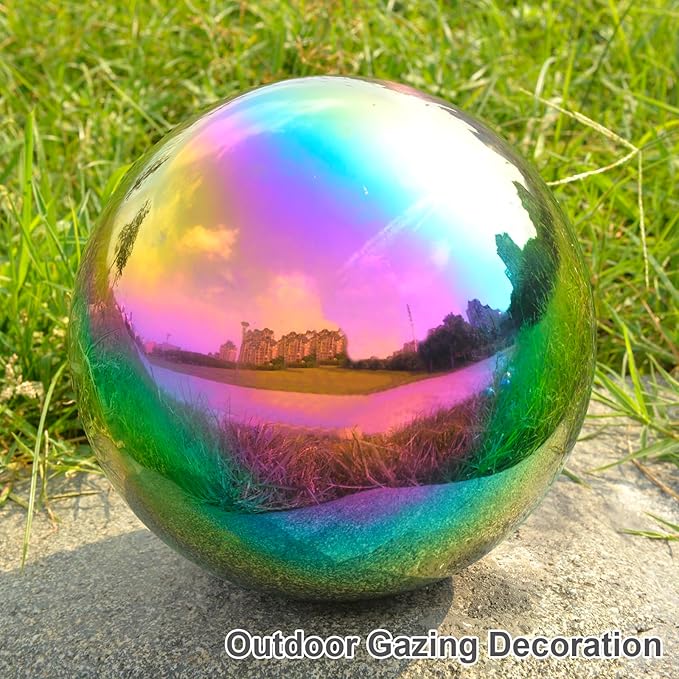 Nerien 12 Inch Gazing Ball, Stainless Steel Garden Mirror Globe, Polished Ornament Sphere, Hollow Floating Reflective Hemisphere, Home Outdoor Pond Housewarming Swimming Pool Decoration Gift, Rainbow