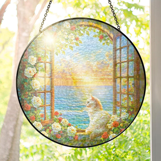 FLAGWIX Christmas Cat Gifts for Women - Stained Glass Window Hanging 8 in - Beach Gifts for Women