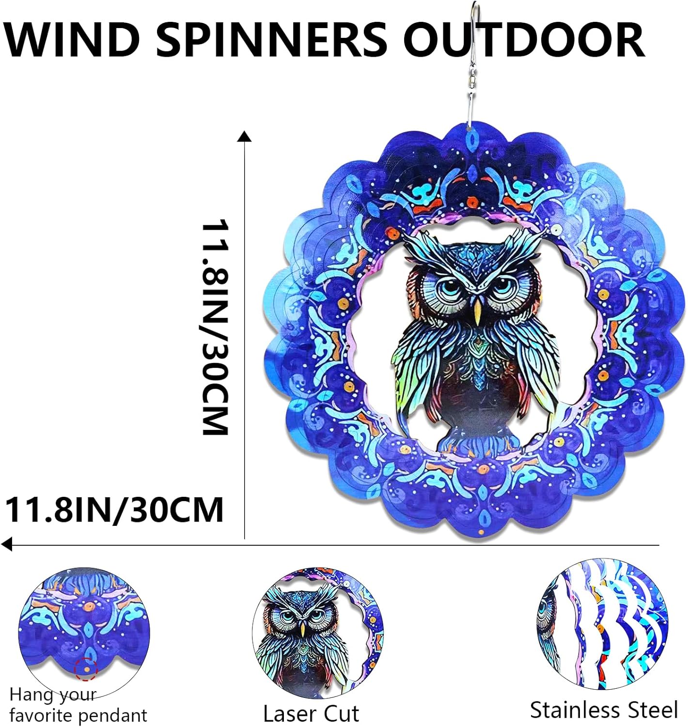 Wind Spinners Owl Arts12 inch 3D Stainless Steel Laser Cut Metal Art Geometric Pattern Wind Sculpture Hanging for Yard Garden Decorations Gifts Indoor Outdoor
