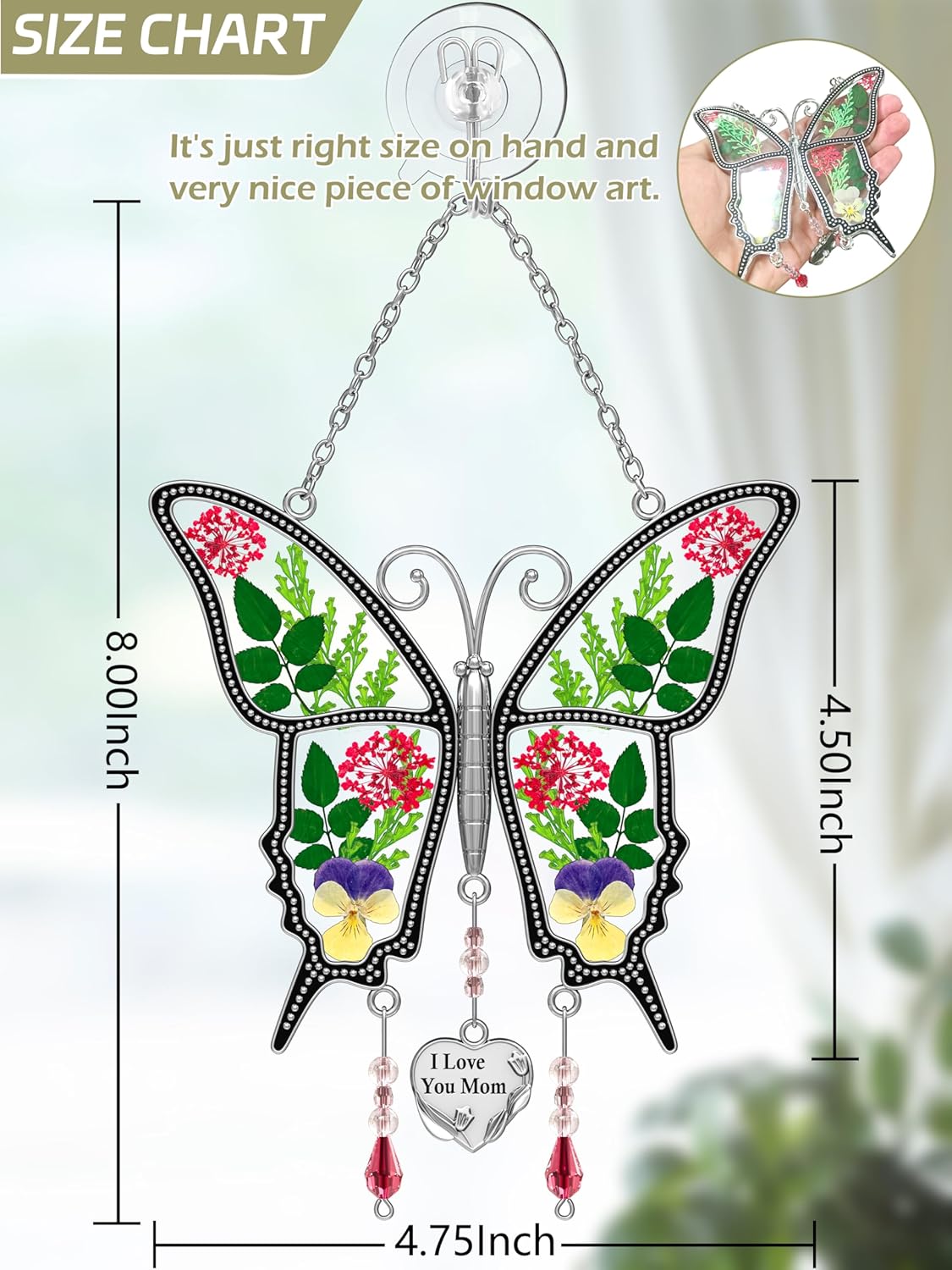 KY&BOSAM Butterfly Suncatcher for Windows Hanging I Love You Mom Stained Glass Wind Chimes Decor Pressed Real Flower in Glass with Heart Charm Mom Gifts Birthday Gifts for Women Mothers Day Christmas