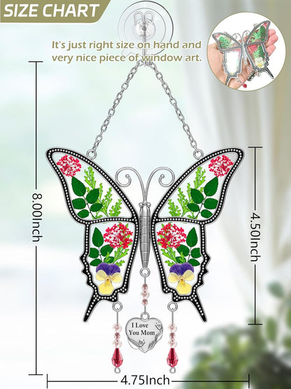KY&BOSAM Butterfly Suncatcher for Windows Hanging I Love You Mom Stained Glass Wind Chimes Decor Pressed Real Flower in Glass with Heart Charm Mom Gifts Birthday Gifts for Women Mothers Day Christmas