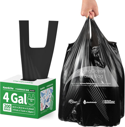 Small Trash Bags with Handles 4 Gallon 200 Count Black - Ocean Plastic Upcycling - Plastic Garbage Bags, Can Bin & Waste Basket Liner for Kitchen, Bathroom, Office and Pets
