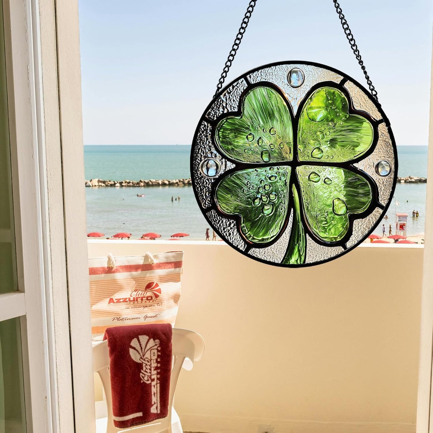 Stained Glass Window Hanging, Green Silver 4 Leaf Clover Sun Catcher for Window Door Home Decor Plant Suncatcher Christmas Mother's Day Birthday Gifts for Women Men Mom Nana 9.8 in