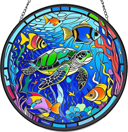 Sea Turtle Suncatchers for Windows Hanging - 8 in Stained Glass Sun Catchers Indoor Window, Suncatcher Stain Glass Window Hanging for Home Decor, Gifts for Holiday or Wall Art
