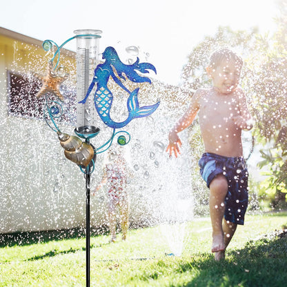 JOYbee Mermaid Solar Powered Rain Gauge Garden Stake,Metal Mermaid Stake with Replacement 7" Capacity Glass Tube, LED Lights Glass Tube (Solar Rain Gauge),Decoration for Yard Lawn Outside