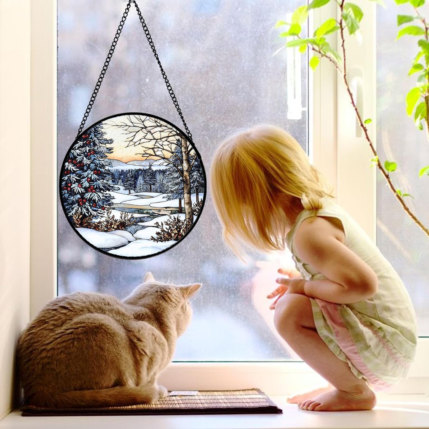 Stained Glass Window Hanging, Winter Snow Landscape Suncatcher Diamond Glass Panel Sun Catchers Decor for Birthday for Women, Men, Wife, Aunt, and Mom 11.8 in