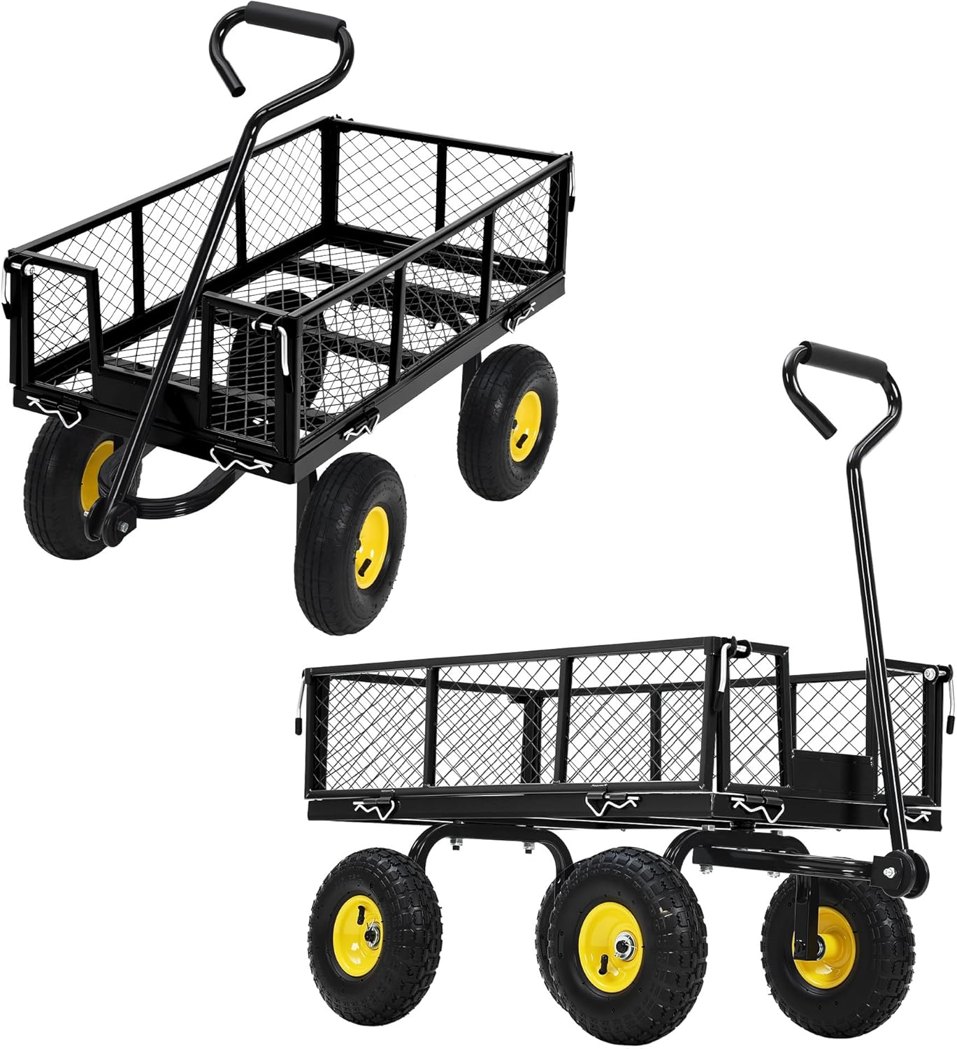 Heavy Duty Garden Cart On Wheels - 880LBS Metal Wagon with 10" Pneumatic Wheels, 180° Rotating Handle & Removable Sides - All-Terrain Yard Wagon for Farm, Beach & Outdoor Use