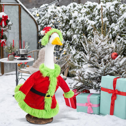 Christmas Porch Goose Outfit for 23" High Cement or Plastic Green Santa Claus Costume Lawn Christmas Goose Outfit for Yard Lawn Outdoor Garden Patio Xmas Holiday Decor