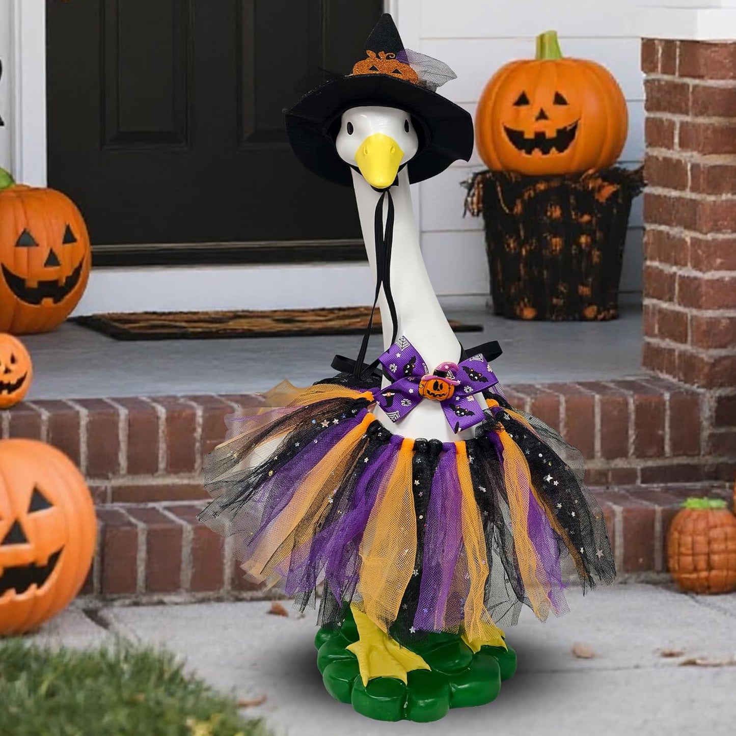 Halloween Porch Goose Statues with Outfits Decor - 20" Big White Goose Resin Figurine, Autumn Halloween Goose Outfits with Hat Bow Tie for Party Decoration, Porch, Yard, Patio, Lawn,Women/Girl Gift