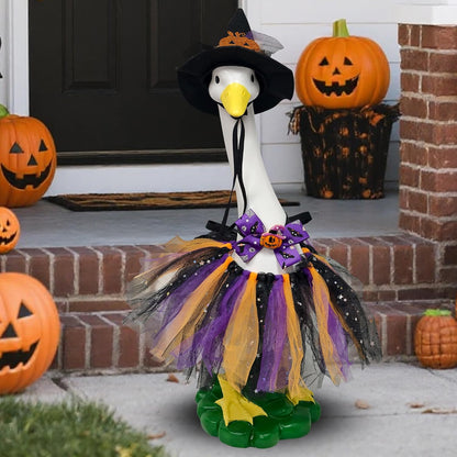 Halloween Porch Goose Statues with Outfits Decor - 20" Big White Goose Resin Figurine, Autumn Halloween Goose Outfits with Hat Bow Tie for Party Decoration, Porch, Yard, Patio, Lawn,Women/Girl Gift