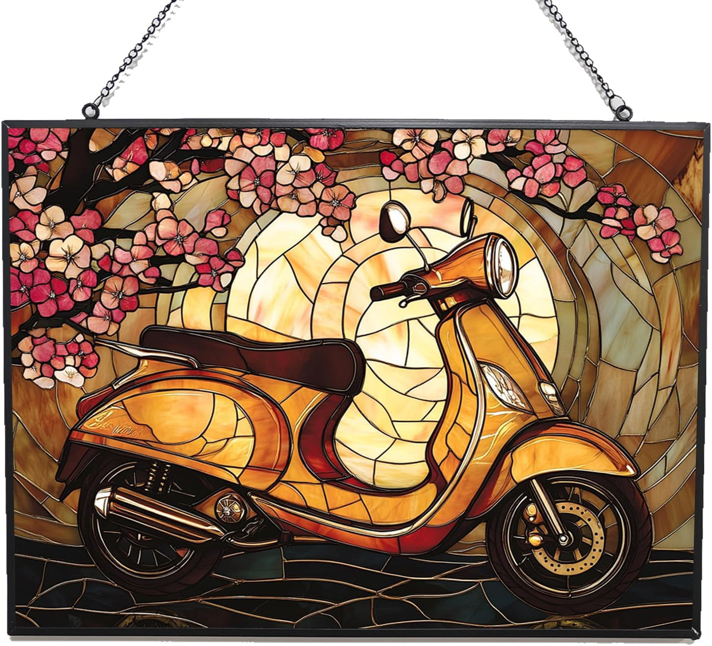 Customized Rectangle Art Nouveau Cherry Scooter Suncatcher Stained Glass Window Hangings Sun Catchers Colorful Ornament Gifts for Women Mom Wife Christmas Halloween Housewarming