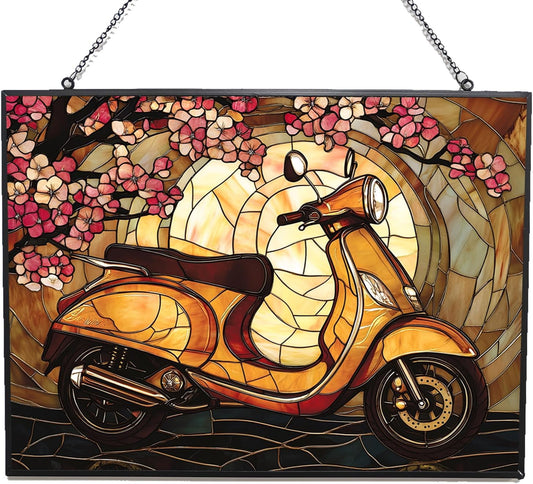 Customized Rectangle Art Nouveau Cherry Scooter Suncatcher Stained Glass Window Hangings Sun