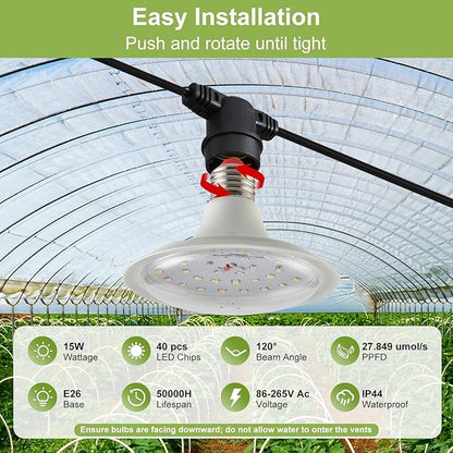 Outdoor Grow Lights for Plants, Full Spectrum Greenhouse Grow Light, Waterproof String Grow Light, 22FT Adjustable Cord, for Vegetables, Seedlings, Flowers (6 Lights)