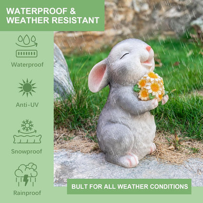 Solar Rabbit Garden Statues Outdoor Bunny Decor Resin Rabbit Figurine Holding Sunflower with LED Lights for Proch Patio Lawn Yard Christmas Mothers Day Gardening Gifts for Mom Grandma