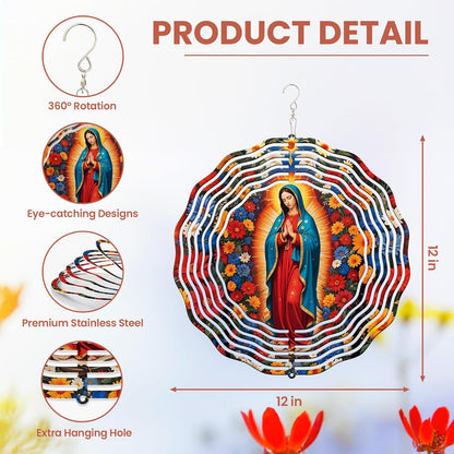 FLAGWIX Christmas Christian Gifts for Women Faith - Virgen de Guadalupe 3D Stainless Steel Metal Wind Spinners 12 in - Our Lady of Guadalupe Wind Spinner Outdoor, Religious Gifts for Mom Grandma