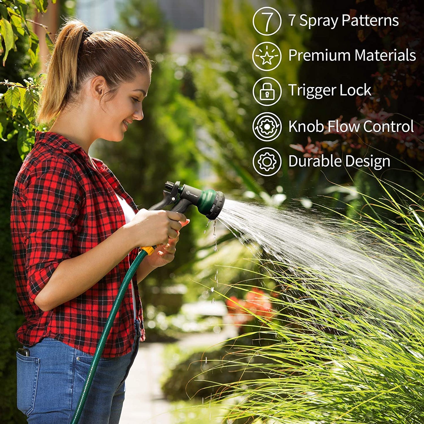 AUTOMAN Garden Hose Nozzle 2PK, ABS Water Spray Nozzle with 7 Adjustable Patterns, Slip Resistant