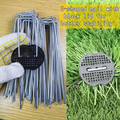 300 Pack Landscape Staples with 300 Gaskets, 8-Inch Garden Stakes, 11 Gauge Galvanized U-Shaped Pins for Weed Barrier Fabric