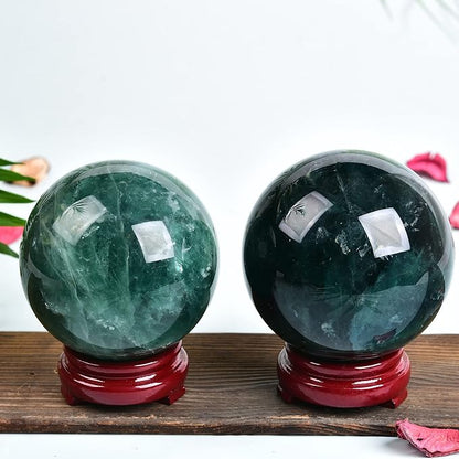 JIC Gem Big Green Quartz Crystal Ball Green Fluorite Healing Gemstone Sphere with Decorative Wooden Stand for Meditation,Home Decoration (80-90mm)